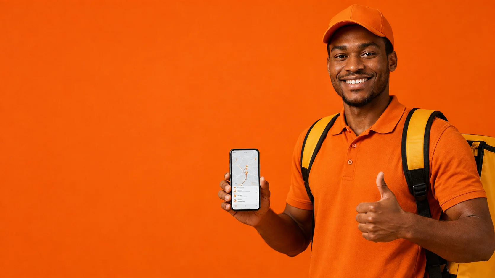 Entregador negro da Ajeita Aí com uniforme laranja, mochila amarela e celular exibindo o mapa da entrega