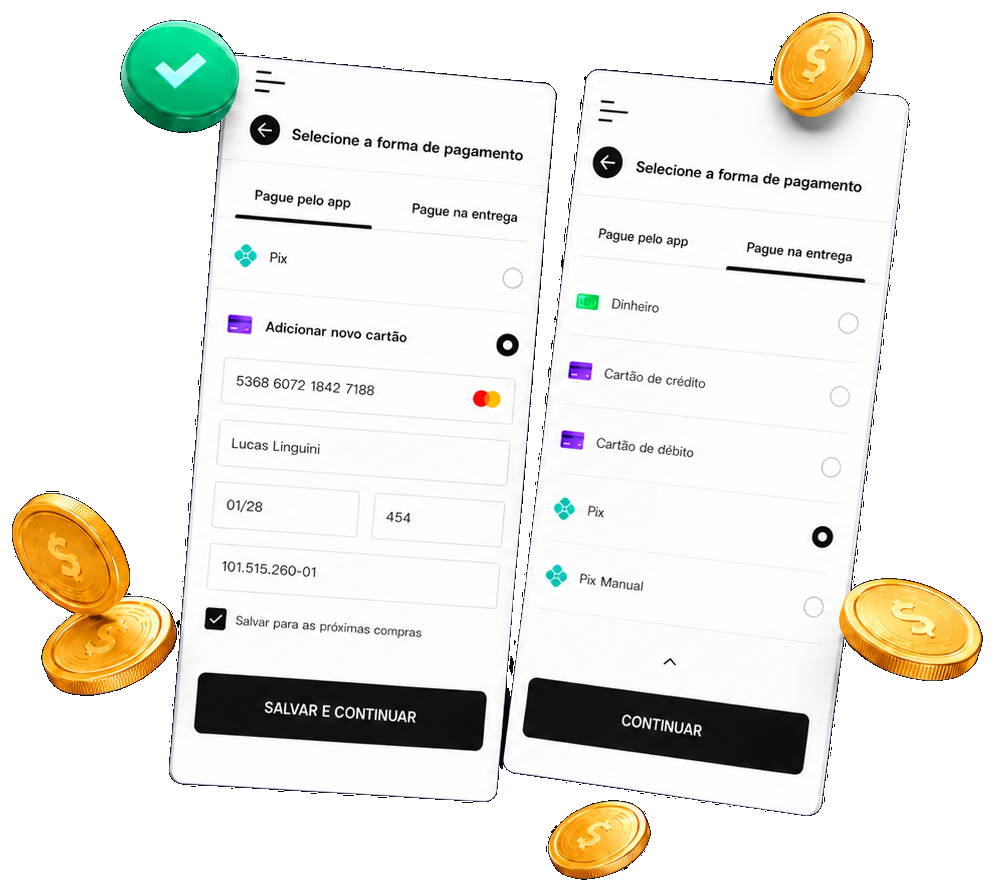 Duas telas do checkout Ajeita Aí com pagamento por PIX, cartão e pagamento na entrega