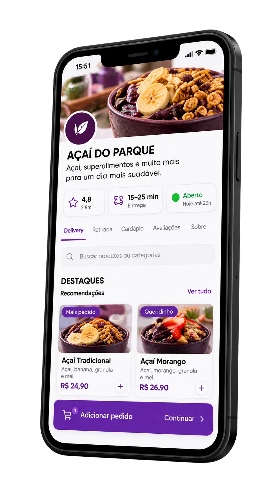Celular mostrando a vitrine de delivery da loja Açaí do Parque, com destaques e botão de adicionar pedido