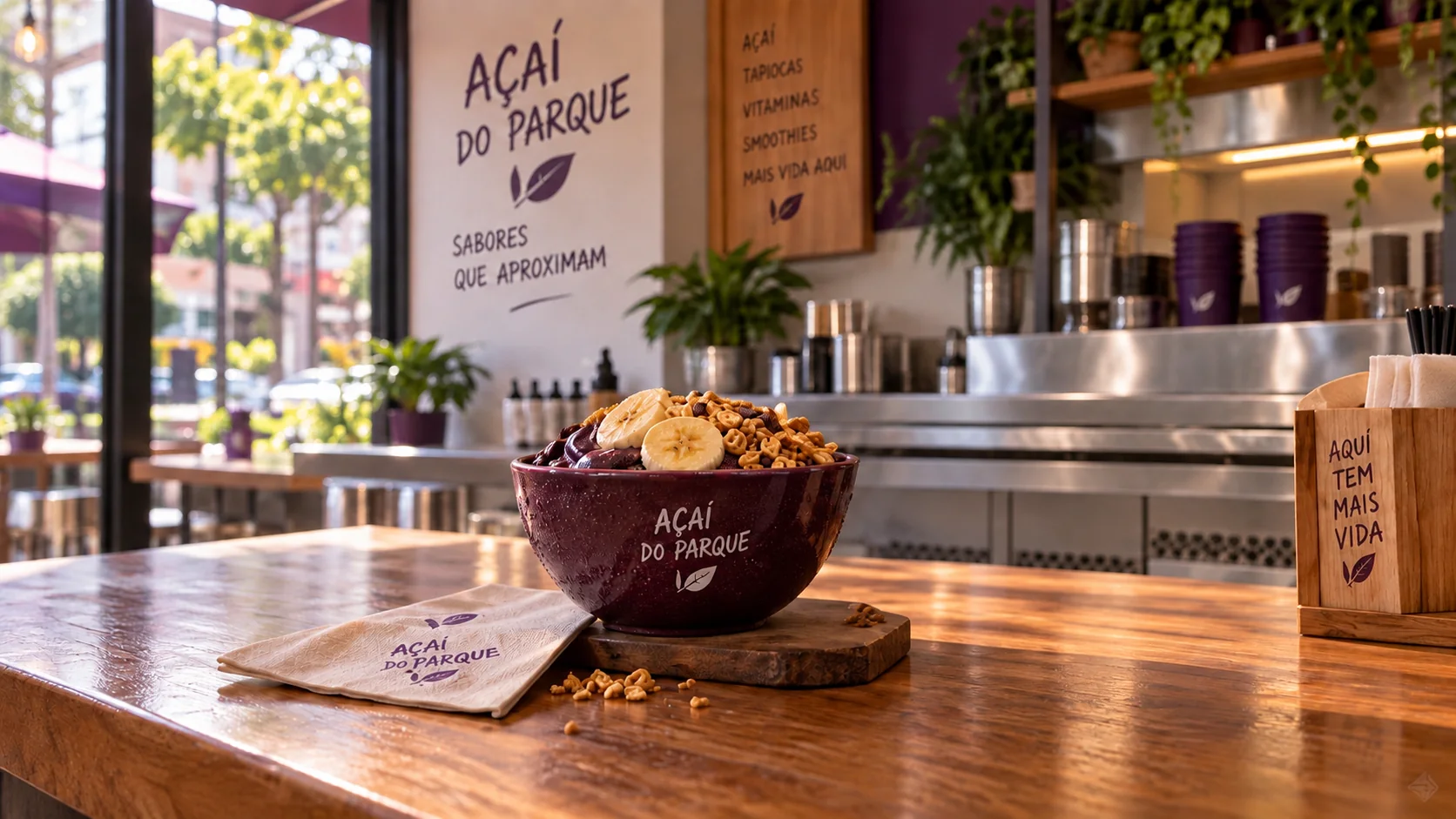 Balcão da loja Açaí do Parque com o produto montado sobre a bancada de madeira e a fachada ao fundo