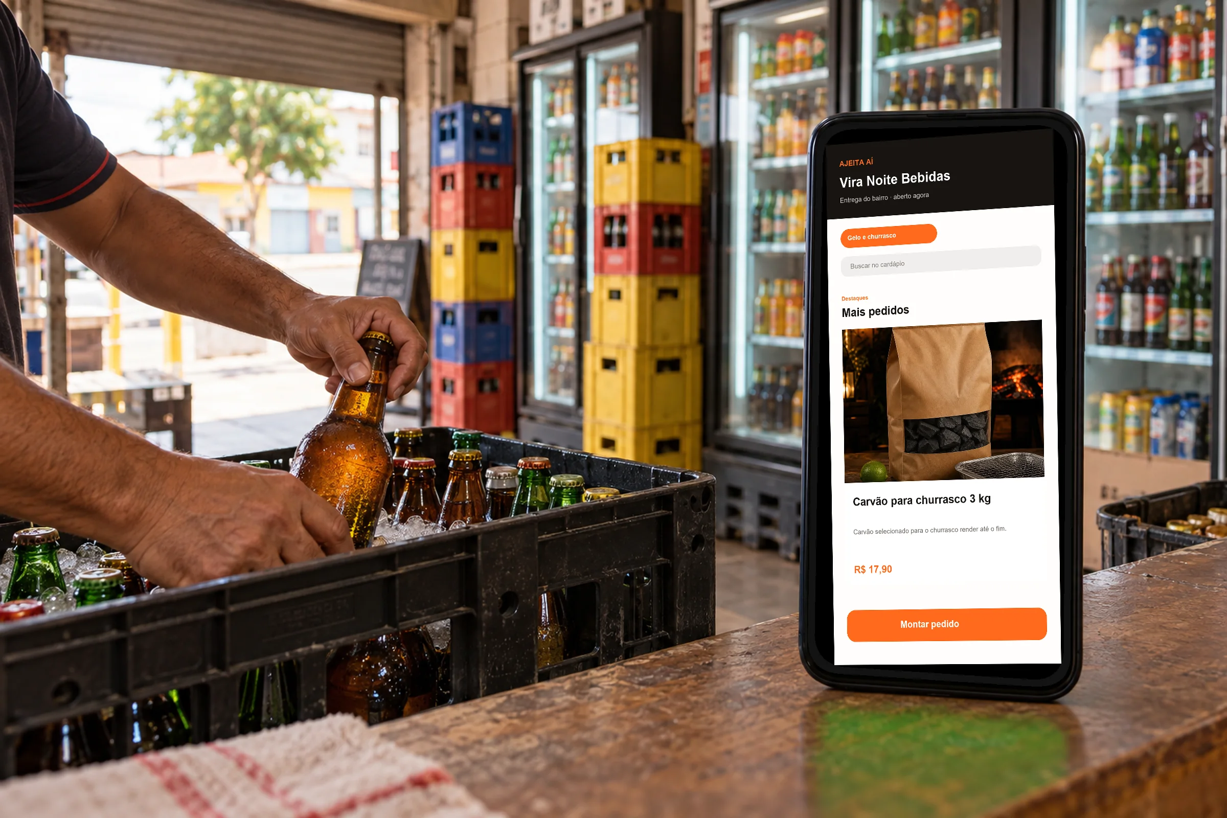Cena de distribuidora de bebidas com um celular exibindo a vitrine da loja Vira Noite Bebidas