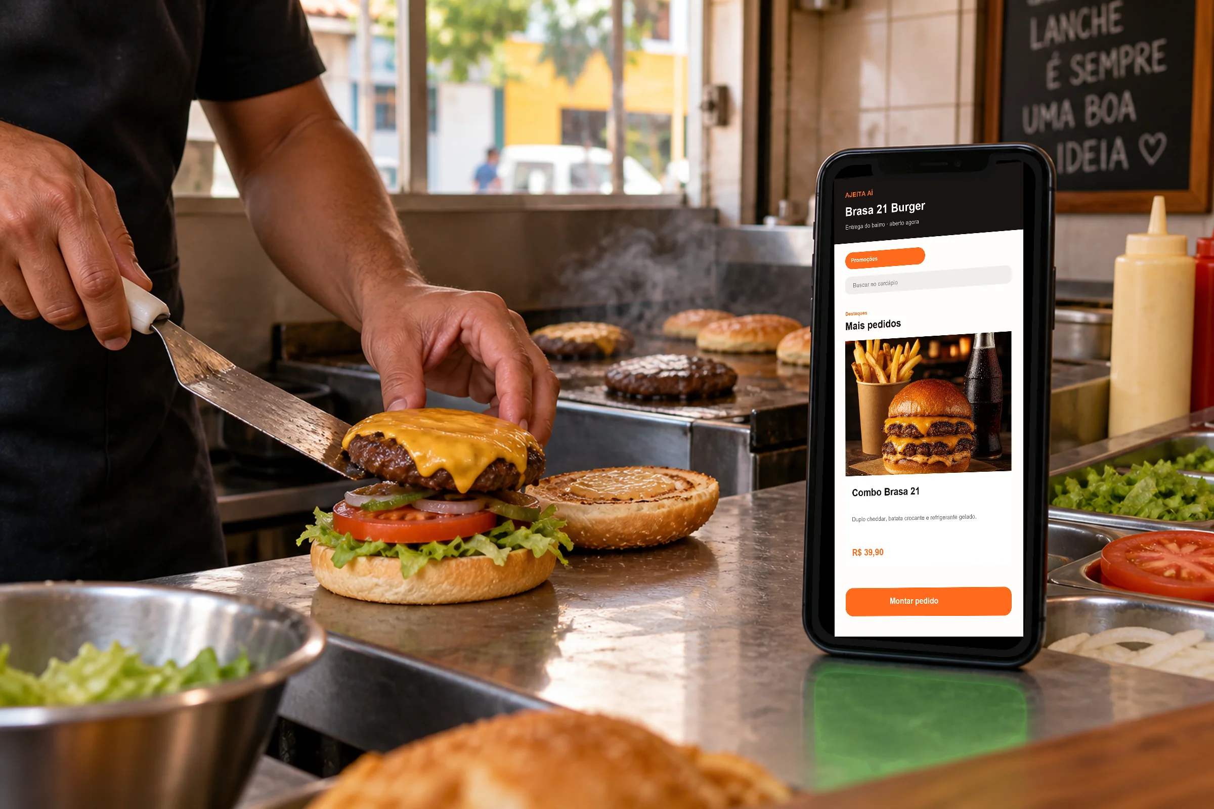 Cena de lanchonete com um celular exibindo a vitrine da loja Brasa 21 Burger
