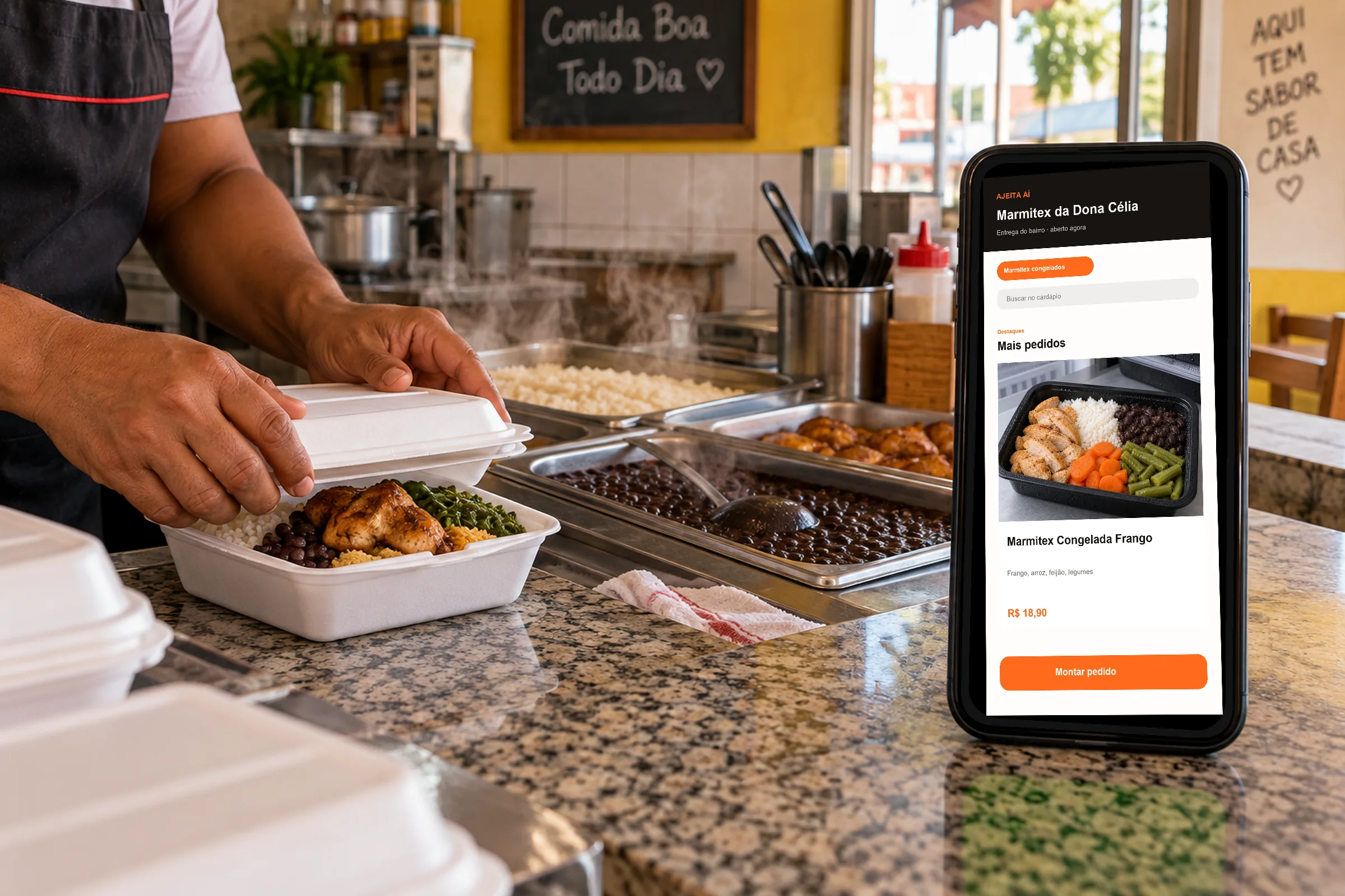 Cena de marmitex com um celular exibindo a vitrine da loja Marmitex da Dona Célia