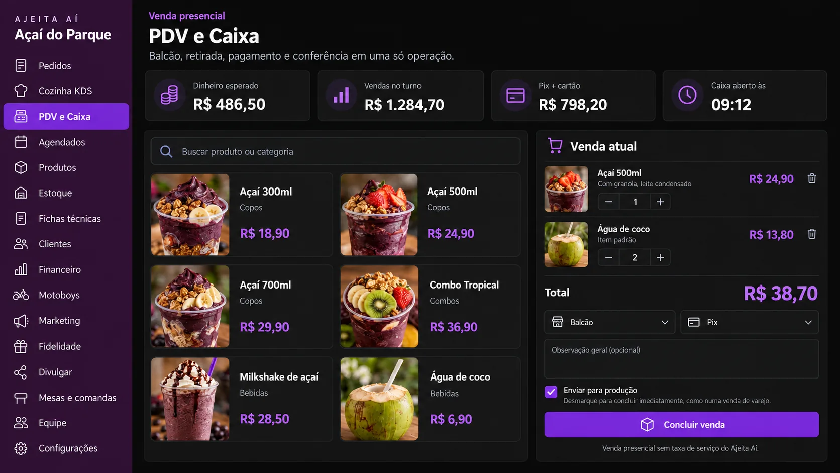 Tela de PDV e Caixa do painel Ajeita Aí, com catálogo e carrinho de venda presencial