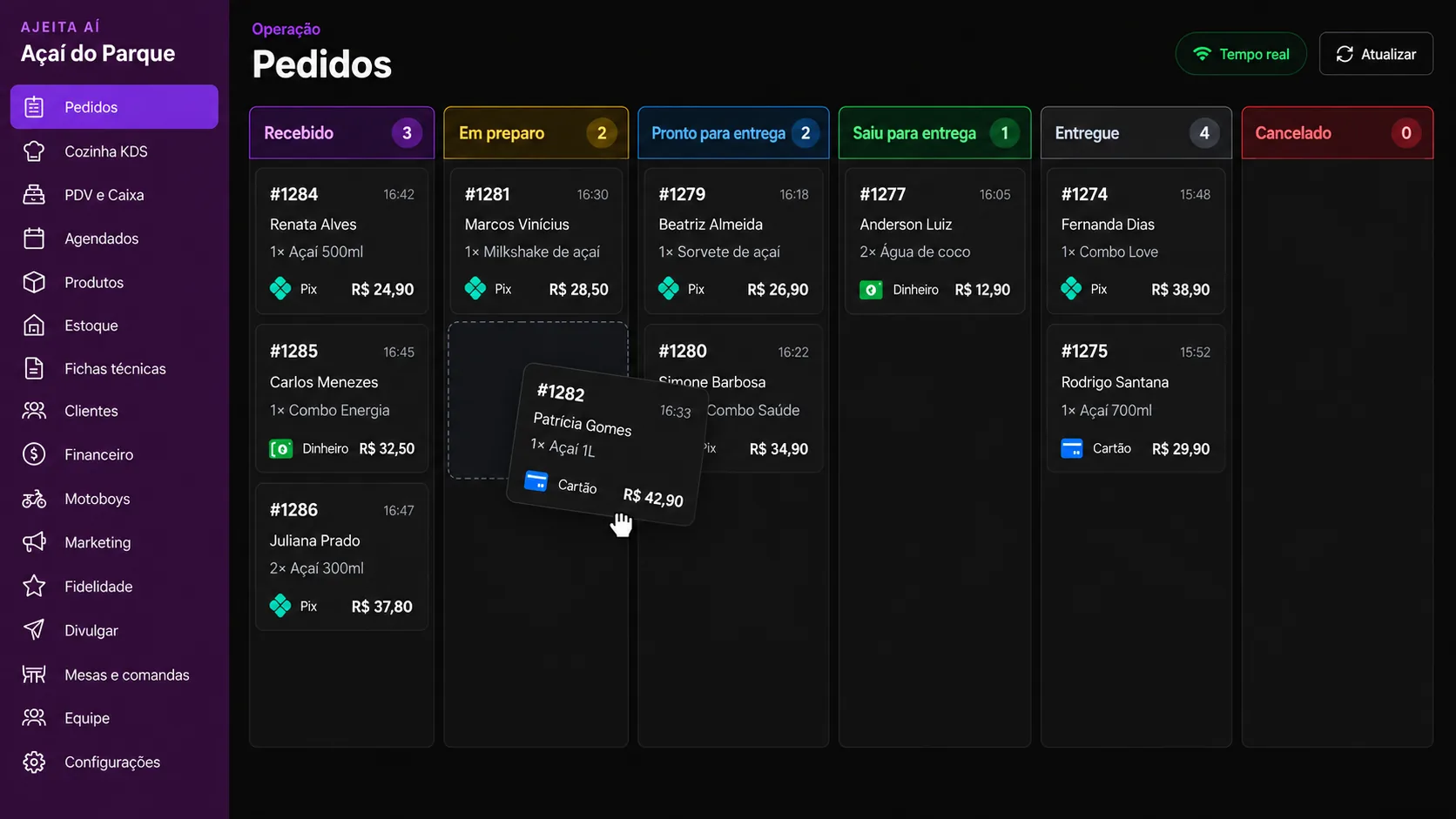 Tela de Pedidos do painel Ajeita Aí, com colunas de status em tempo real